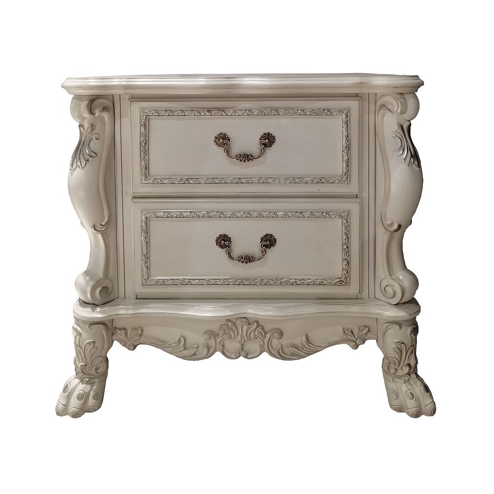 Elegant yet lightheartedly playful, Dresden is donned in an amiable antique white finish with hand-applied burnish over the many layers of stains and finishes that are manually rubbed on, providing depth and character to this classic group. The Rococo sty