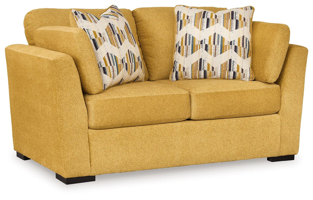 You want your home to reflect your modern, trendy eye for design. This loveseat is here to help. Bold, bright and beautiful, it adds a fashion-forward pop of color to your living room. Velvet-like upholstery and matching bolster pillows keep comfort at to