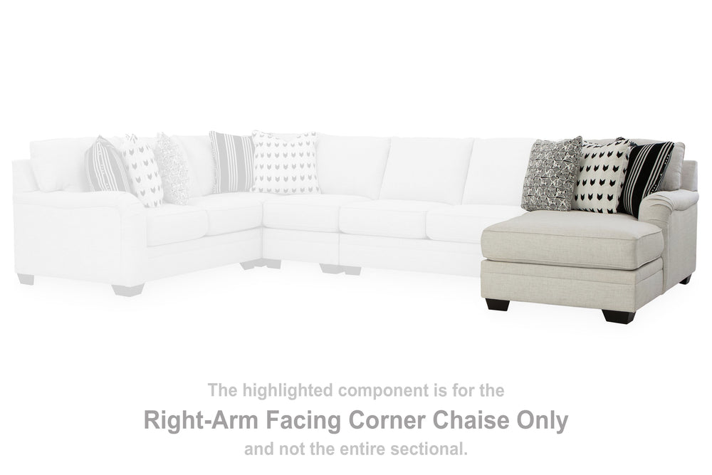 This right-arm facing corner chaise is made with polyester/linen/viscose upholstery. Pairs with other items in the series to make a sectional.<br><br><b>Additional Dimensions</b><br><ul><li>Arm height: 27-"</li><li>Seat depth: 50-"</li><li>Seat height: 21
