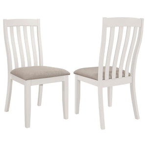 Choose a casual dining side chair that offers both appealing style and versatility. The crisp design works in myriad design motifs, offering inviting warmth and excellent comfort for family and friends. Its slatted back has a gentle curvature, adding both