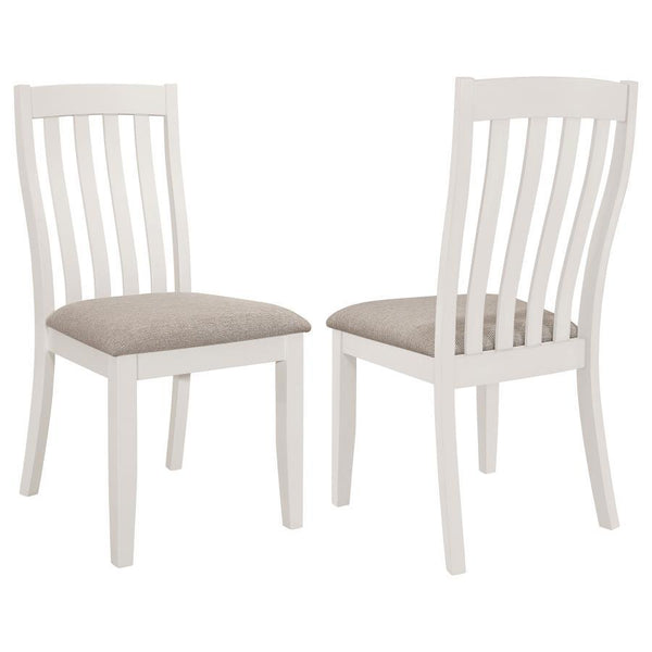 Choose a casual dining side chair that offers both appealing style and versatility. The crisp design works in myriad design motifs, offering inviting warmth and excellent comfort for family and friends. Its slatted back has a gentle curvature, adding both