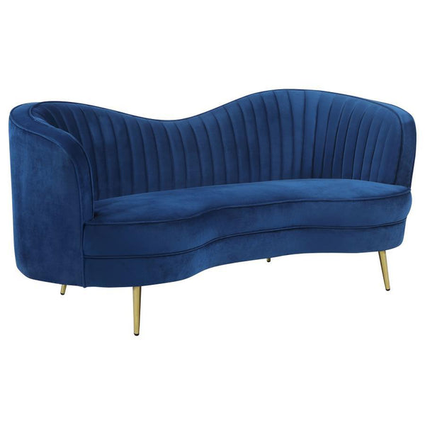 Perfect for a couple having cocktails, this Art Deco-inspired loveseat features a bright blue velvet upholstery set off with steel tapered legs. Contrasting the deep blue hue is a polished gold finish on each leg. Along with a channel tufted interior cush