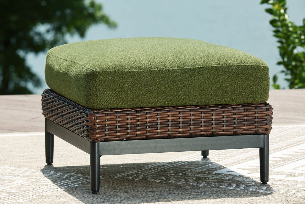 This outdoor ottoman recalls the aesthetics of nature to bring an inviting, high-style feel to your patio or lanai. Its Nuvella+â„¢ performance fabric is made with enhanced UV resistance, so the chic green hue stays brighter for longer. Worried about the 
