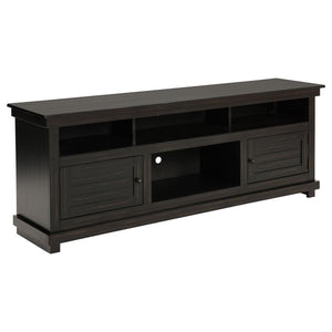 Introduce expansive storage underneath your flat panel television with this modern farmhouse TV stand. It-'s a wooden design with roughhewn details that offer charming texture and casual allure in your living room or den. Two cabinets offer decorative doo