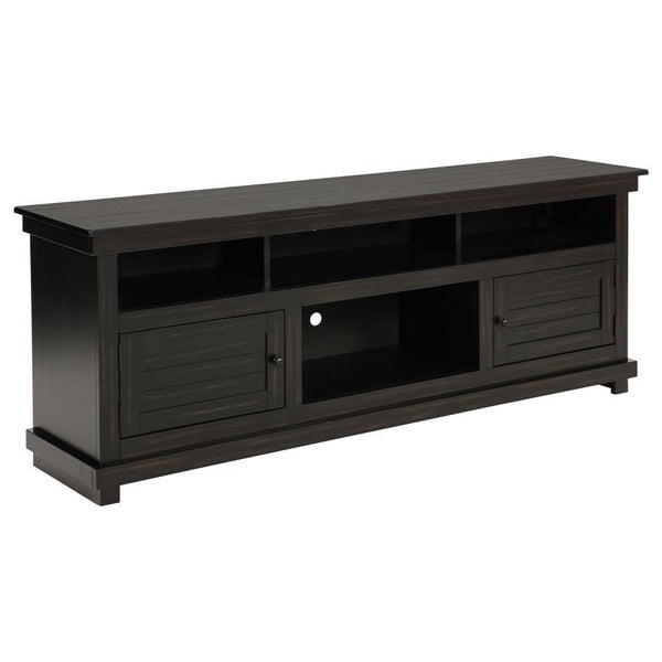 Introduce expansive storage underneath your flat panel television with this modern farmhouse TV stand. It-'s a wooden design with roughhewn details that offer charming texture and casual allure in your living room or den. Two cabinets offer decorative doo