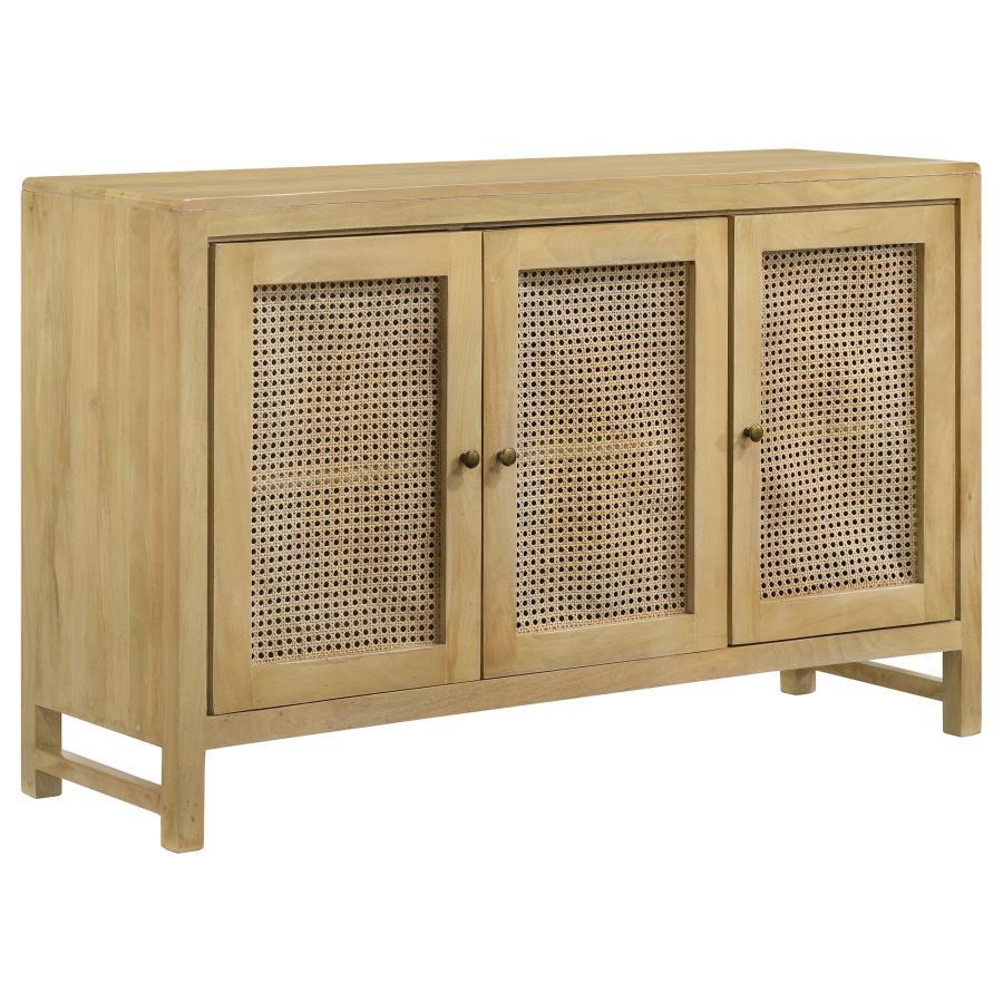 Infuse your space with the organic beauty of this global-inspired accent cabinet, crafted from eco-friendly mango wood in a warm natural finish. The three cabinet doors feature woven cane panels, adding a retro touch while allowing for subtle ventilation.
