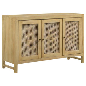Infuse your space with the organic beauty of this global-inspired accent cabinet, crafted from eco-friendly mango wood in a warm natural finish. The three cabinet doors feature woven cane panels, adding a retro touch while allowing for subtle ventilation.