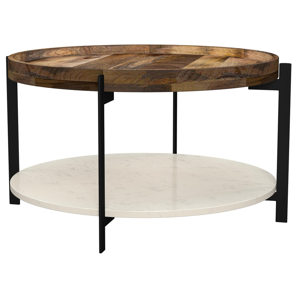 Enhance your living room with this elegant coffee table, a perfect fusion of organic materials and modern design. The stunning round solid mango wood top features unique grain patterns, paired beautifully with a luxurious white marble shelf below. Support
