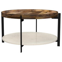 Enhance your living room with this elegant coffee table, a perfect fusion of organic materials and modern design. The stunning round solid mango wood top features unique grain patterns, paired beautifully with a luxurious white marble shelf below. Support