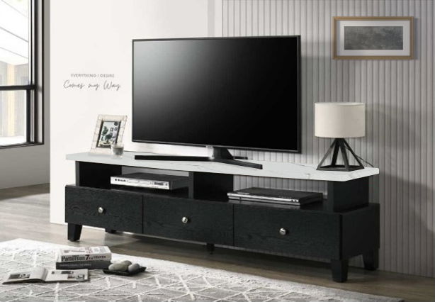 Embrace modern sophistication and functionality with this stunning entertainment console, designed to be the centerpiece of any contemporary living space. Featuring a sleek dark finish with an elegant faux marble top, this piece combines luxury and practi