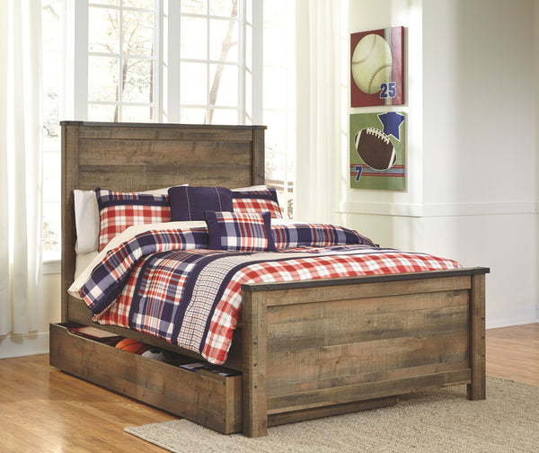 If you love country living, this full panel bed with storage matches your authenticity. Rustic finish, plank-style details and nailhead trim pay homage to reclaimed barn wood, making for a chic look loaded with charm. Under-bed storage unit includes two d