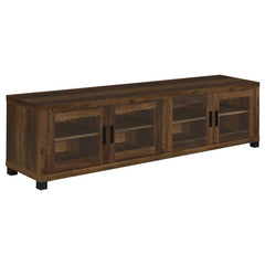 Elevate your entertainment space with this 79-inch TV stand, blending contemporary design with functional storage. Its dark pine finish exudes warmth, while the glass-paneled cabinet doors add a refined touch. Adjustable shelves provide ample space for me