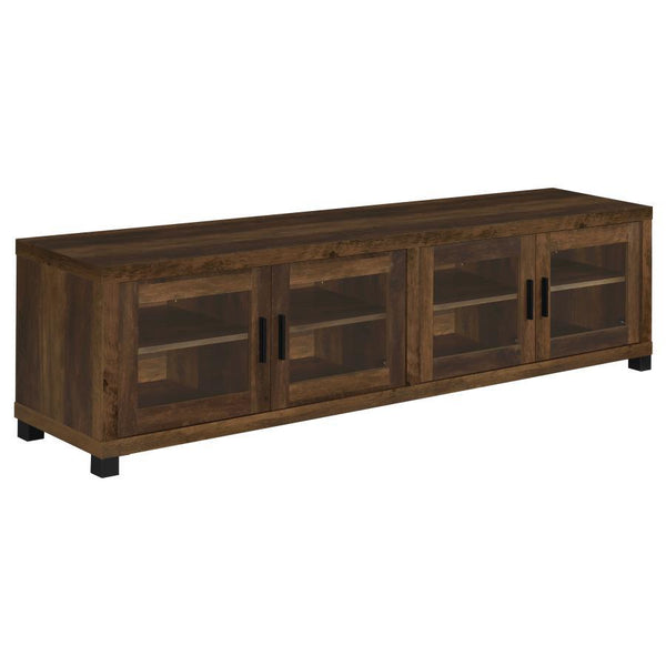 Elevate your entertainment space with this 79-inch TV stand, blending contemporary design with functional storage. Its dark pine finish exudes warmth, while the glass-paneled cabinet doors add a refined touch. Adjustable shelves provide ample space for me