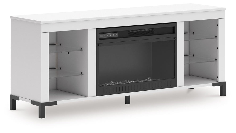 Level up your gaming experience and make movie nights to remember. This TV stand with electric fireplace extends your entertainment beyond the screen. Its built-in fireplace brings the heat, synchronizing with LED backlighting on the shelves. And you can 