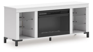 Level up your gaming experience and make movie nights to remember. This TV stand with electric fireplace extends your entertainment beyond the screen. Its built-in fireplace brings the heat, synchronizing with LED backlighting on the shelves. And you can 