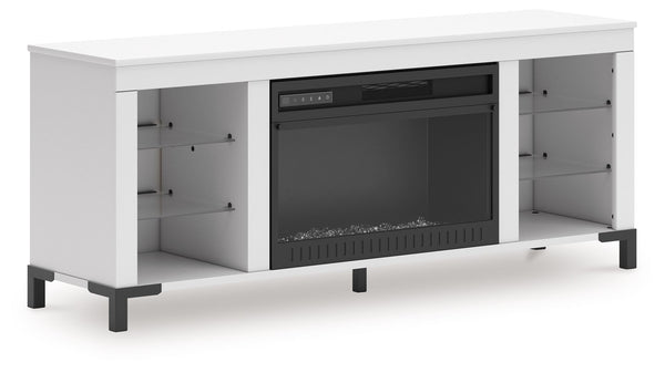 Level up your gaming experience and make movie nights to remember. This TV stand with electric fireplace extends your entertainment beyond the screen. Its built-in fireplace brings the heat, synchronizing with LED backlighting on the shelves. And you can 