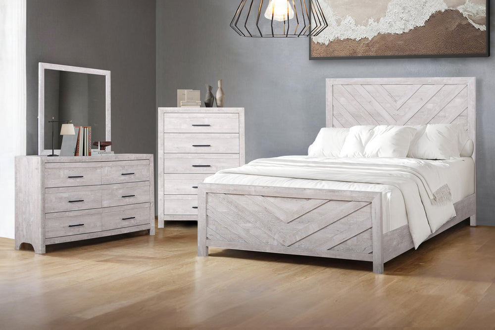 Introducing the Biscayne 4 Piece Bedroom Set, a comprehensive ensemble featuring a stylish bed, 6-drawer dresser, mirror, and 5-drawer chest. Crafted with durable manufactured wood and finished with Eco-Friendly laminated surfaces, this set promises stren