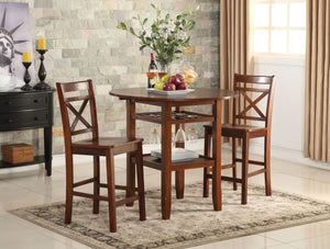 The Tartys collection creates functional and versatility perfect for any small dining space. This casual set features round leg table with 2 drop leaves, wine glass rack and bottom shelf. The matching chairs included wooden seat, -"X-" style wooden back a