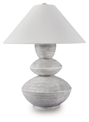 Inspired by a classic pottery form, this triple gourd table lamp lightens the mood with a sense of ease and organic style. A distressed white finish adds a layer of interest to the base. Use it in pairs for double the impact in a bedroom, living area or e
