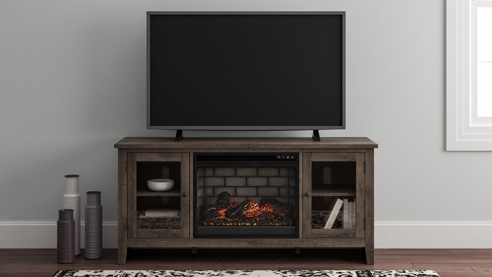 With its replicated weathered oak finish and minimalist charm, this TV stand with infrared fireplace insert is right in tune with your relaxed approach to high style. Beautifully made to accommodate your media equipment, itâ€™s well equipped with adjustab
