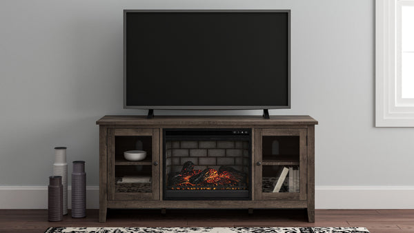 With its replicated weathered oak finish and minimalist charm, this TV stand with infrared fireplace insert is right in tune with your relaxed approach to high style. Beautifully made to accommodate your media equipment, itâ€™s well equipped with adjustab