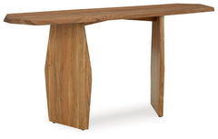 In a word â€¦ wow. With its irregularly shaped top and legs, this console table is a spectacular study in contemporary style. The imaginative piece brings nature indoors, with solid wood in a relaxed natural finish that appeals to your earthy sensibilitie