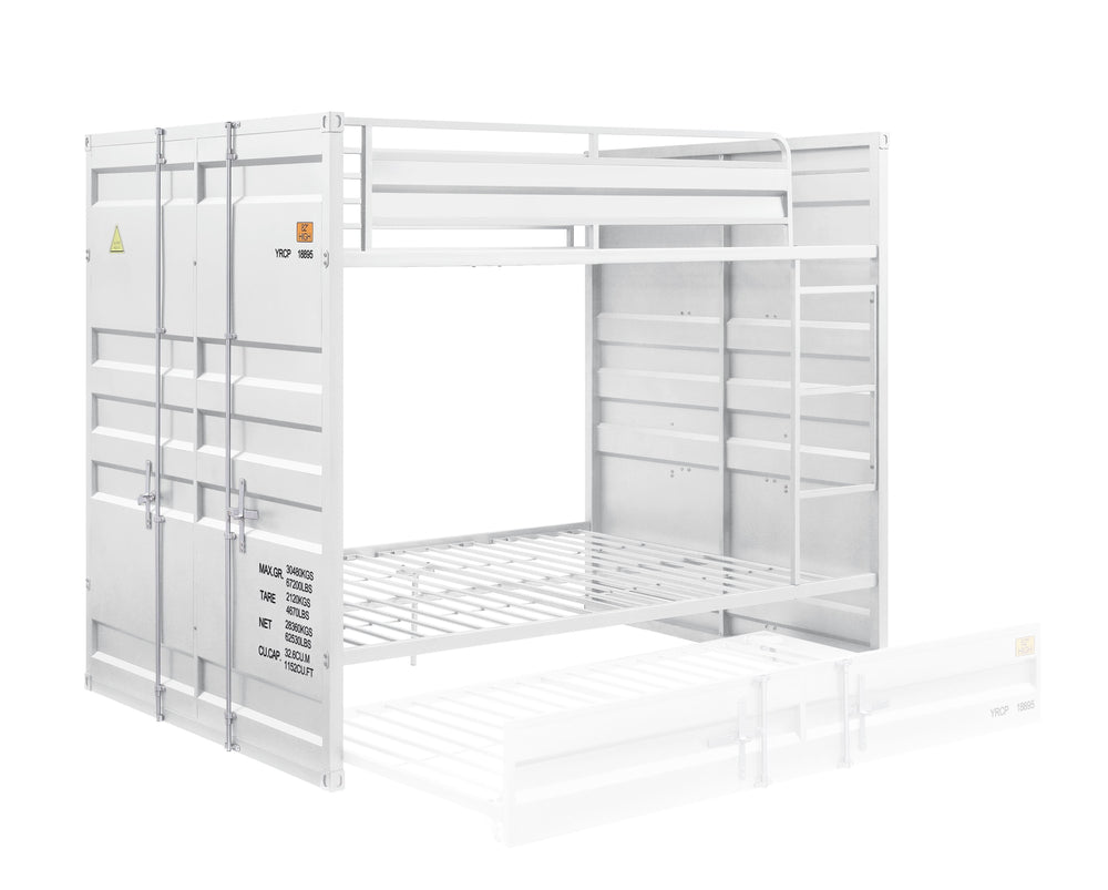 The Cargo bunk bed and trundle is the perfect addition to any child-'s room. This contemporary container themed metal bunk bed is crafted with an industrial look that is an ideal addition to your bedroom. The bed is accented with recessed panel design and