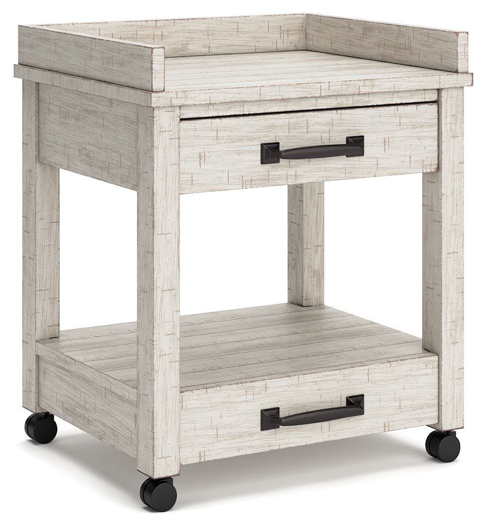Set on casters for easy mobility, this printer stand rolls out a fresh look in modern farmhouse living. Two smooth-gliding drawers with dovetail construction reflect high quality that never goes out of fashion. Pair of electrical outlets and USB charging 