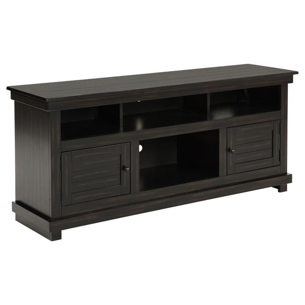 Complete a media center in your inviting home with a modern farmhouse TV stand. It-'s an approachable design with roughhewn wood details that create texture and dimensionality in your living space. Two shelves and six compartments create ample storage, pe