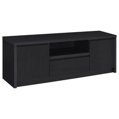 This sleek entertainment center combines a contemporary black finish with practical storage solutions. Made from durable engineered wood, itâ€™s topped with a scratch-resistant eco-friendly laminate veneer. The unit includes two cabinets for concealed sto