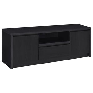 This sleek entertainment center combines a contemporary black finish with practical storage solutions. Made from durable engineered wood, itâ€™s topped with a scratch-resistant eco-friendly laminate veneer. The unit includes two cabinets for concealed sto