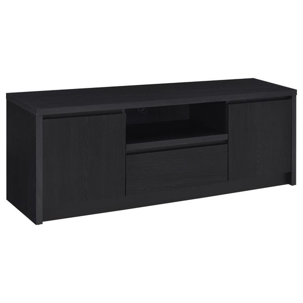 This sleek entertainment center combines a contemporary black finish with practical storage solutions. Made from durable engineered wood, itâ€™s topped with a scratch-resistant eco-friendly laminate veneer. The unit includes two cabinets for concealed sto