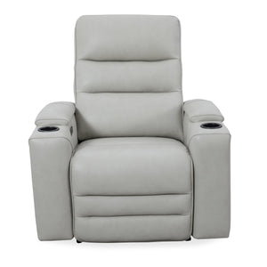  and an independent power headrest for personalized relaxation. It features sleek black stainless steel cupholders and a spacious top-grain leather design. Each recliner ha