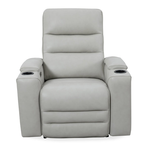  and an independent power headrest for personalized relaxation. It features sleek black stainless steel cupholders and a spacious top-grain leather design. Each recliner ha