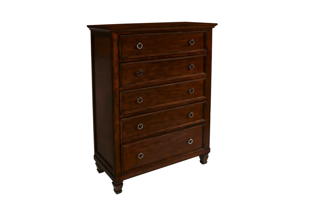 The Tamarack Wood Panel Bed in brown cherry is a true standout, showcasing durable construction with a blend of solid poplar, basswood veneers, and eco-friendly manufactured wood for unmatched strength and longevity. This bed-'s versatile transitional sty