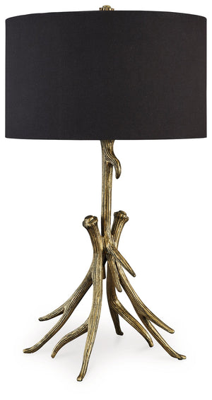 Illuminate your contemporary space with this table lamp. Finished in an antiqued goldtone, it makes a statement displayed solo, or as a pair flanking your sofa or sectional. A black shade keeps the look right on trend.<br><br><b>Additional Dimensions</b><
