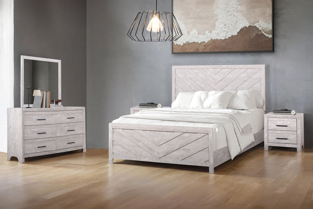 Introducing the Biscayne 5 Piece Bedroom Set, a comprehensive ensemble featuring a stylish bed, 6-drawer dresser, mirror, and two 2-drawer nightstands. Crafted with durable manufactured wood and finished with Eco-Friendly laminated surfaces, this set prom
