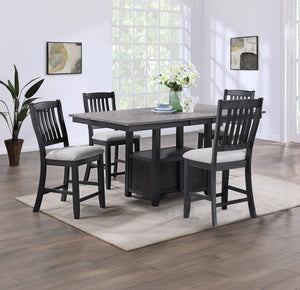 Experience the fusion of contemporary flair with classic comfort in this sleek dining ensemble. Boasting a deep charcoal finish with striking wood grain detail, this set is an emblem of modern sophistication. The plush, light-gray cushioned seating offers