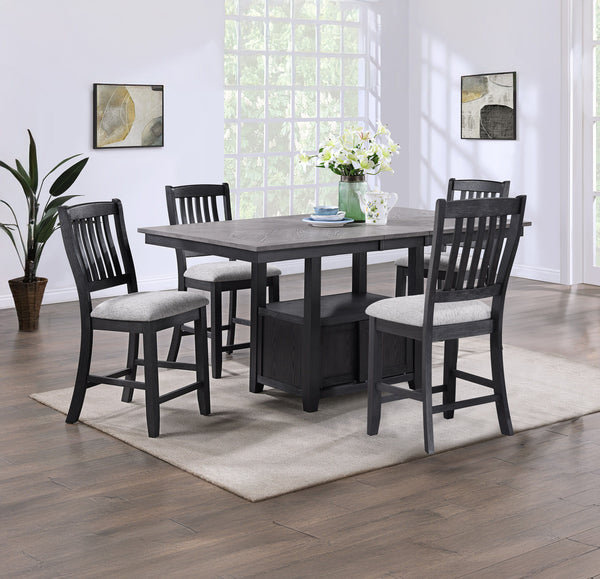 Experience the fusion of contemporary flair with classic comfort in this sleek dining ensemble. Boasting a deep charcoal finish with striking wood grain detail, this set is an emblem of modern sophistication. The plush, light-gray cushioned seating offers