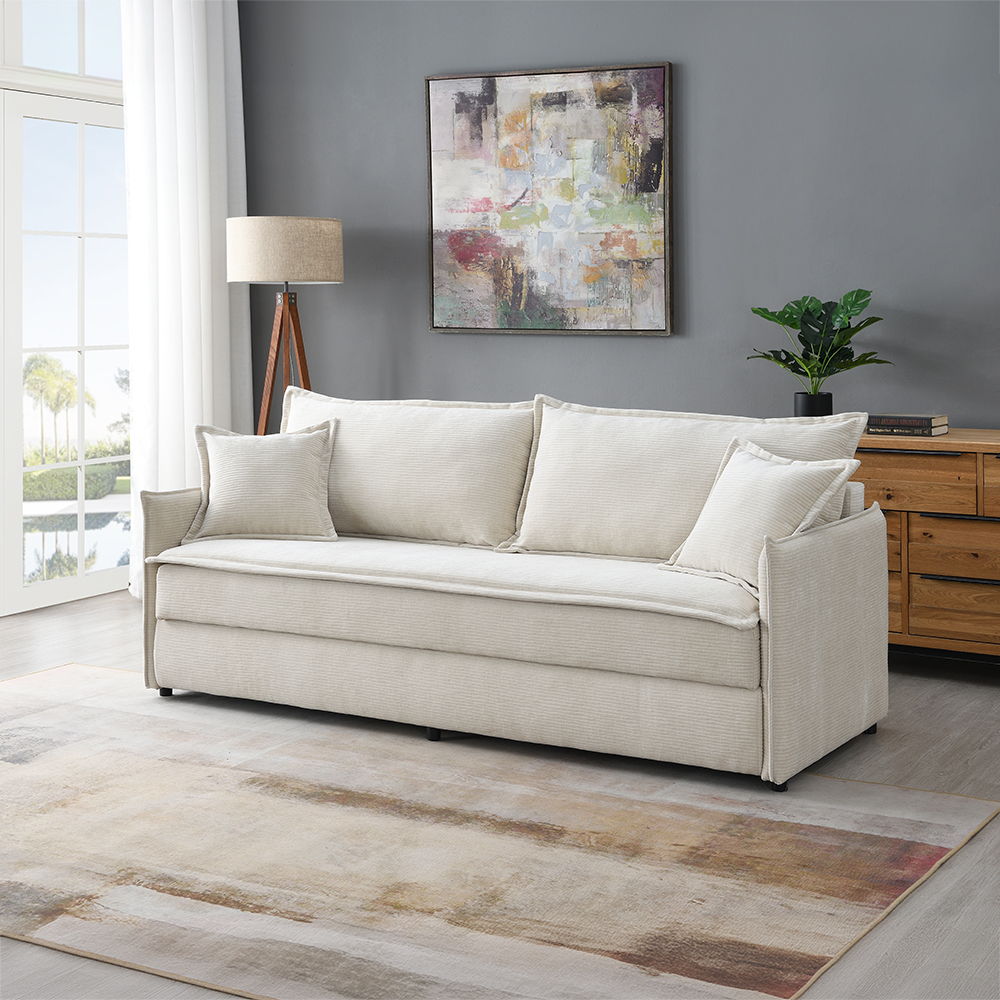 The Elisea sofa with its elegant beige fabric, effortlessly blends sophistication and practicality. Its sleek design hides a convenient pull-out sleeper, perfect for accommodating guests with ease. The plush cushions and soft fabric provide unmatched comf