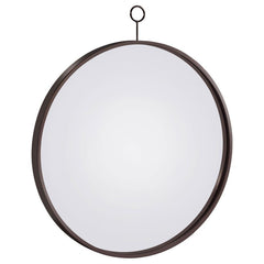 Bring a subtle industrial edge to your dÃ©cor with this round wall mirror featuring a sleek black nickel finish. The slim metal frame and top loop hanger create a minimalist, farmhouse-inspired charm. Hang it in an entryway, hallway, or bathroom to add bo