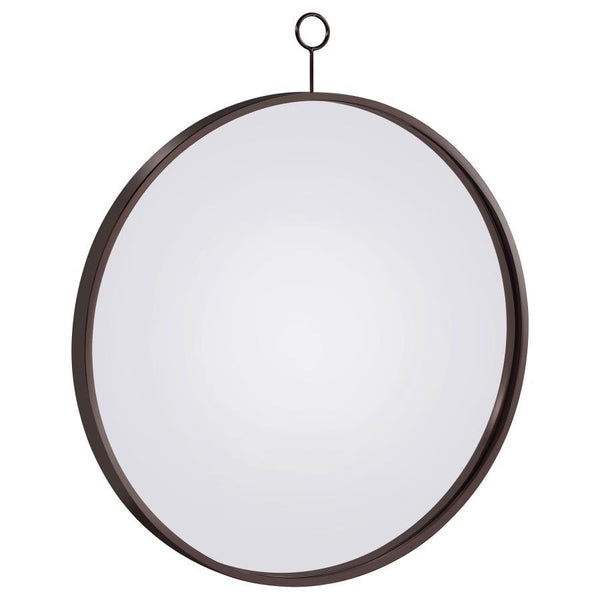 Bring a subtle industrial edge to your dÃ©cor with this round wall mirror featuring a sleek black nickel finish. The slim metal frame and top loop hanger create a minimalist, farmhouse-inspired charm. Hang it in an entryway, hallway, or bathroom to add bo