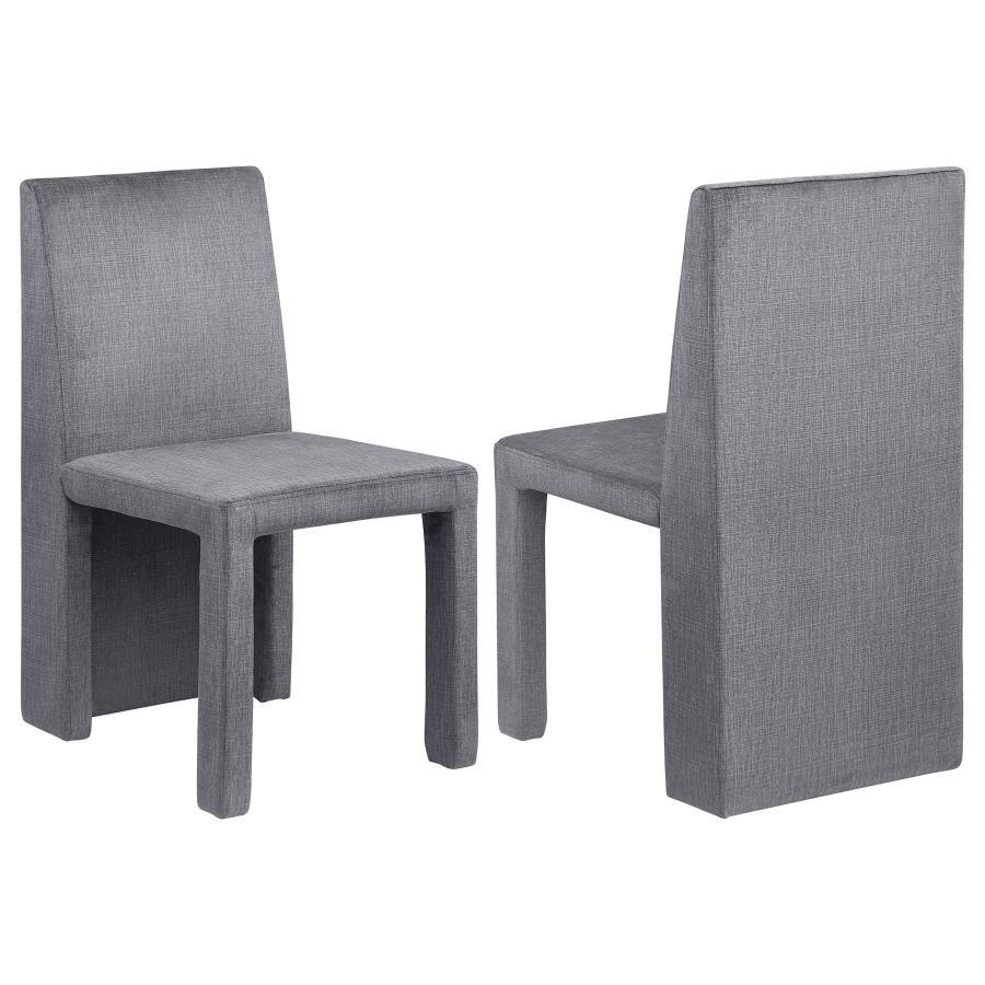 Put a chic spin your dining room table with a set of two modern side chairs. Each boasts a structured silhouette complete with a solid back that extends to the floor. Grey upholstery has a hint of sheen and is soft to the touch, creating an inviting profi