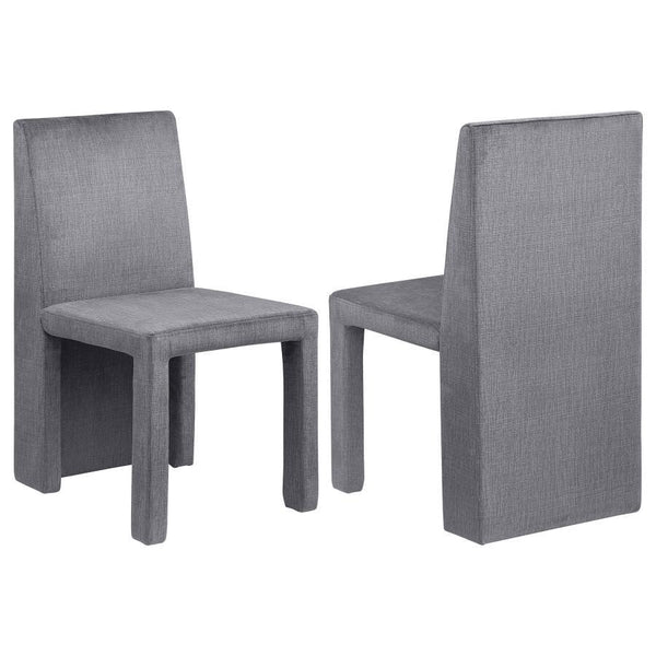 Put a chic spin your dining room table with a set of two modern side chairs. Each boasts a structured silhouette complete with a solid back that extends to the floor. Grey upholstery has a hint of sheen and is soft to the touch, creating an inviting profi