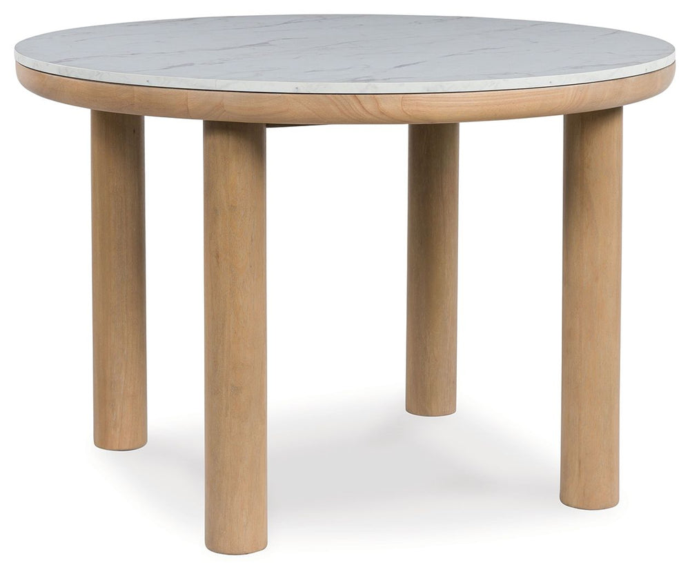 Clean lines meet cool curves with this dining set. Chunky round post legs and a natural finish lend a modern vibe, while chairs with softly textured upholstery tempt you to sit and stay awhile. What a delicious choice for a dining room update. <h4><b>Sawd
