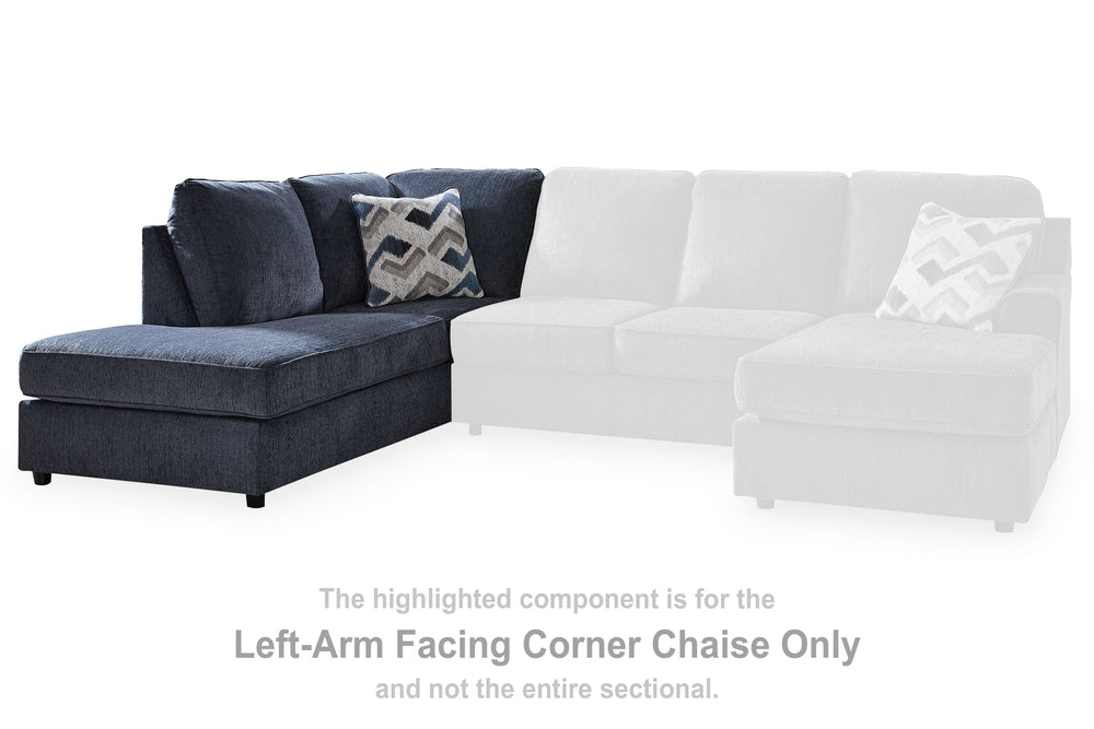 This left-arm facing corner chaise is made with polyester upholstery. Pairs with other items in the series to make a sectional.<br><br><b>Additional Dimensions</b><br><ul><li>Arm height: 25-"</li><li>Seat depth: 68-"</li><li>Seat height: 20-"</li><li>Top 