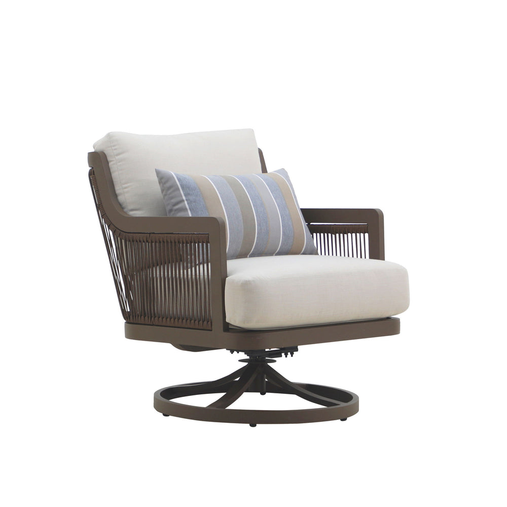 The Genova Patio Swivel Club Chairs with accent pillows offer the perfect balance of durability, comfort, and function for your outdoor seating area. Crafted with durable aluminum frames and a baked-on powder coat, these chairs provide superior scratch re