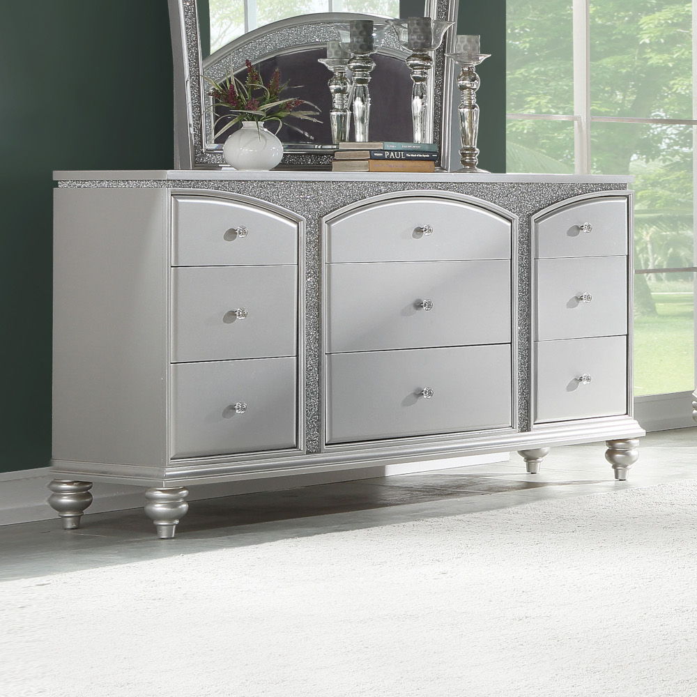 9 Drw Drawer: Arched Top Drawer, GLIDE Side Metal (Undermount, Full Ext. ), DOVETAIL French Front & English Back, FELT-LINED TOP Drawer, Safety Stop, Self-Closing, Hardware: Single Knob (Crystal like) CONSTRUCTION Wooden Case-Leg: Wood (Poplar, MDF), Spar