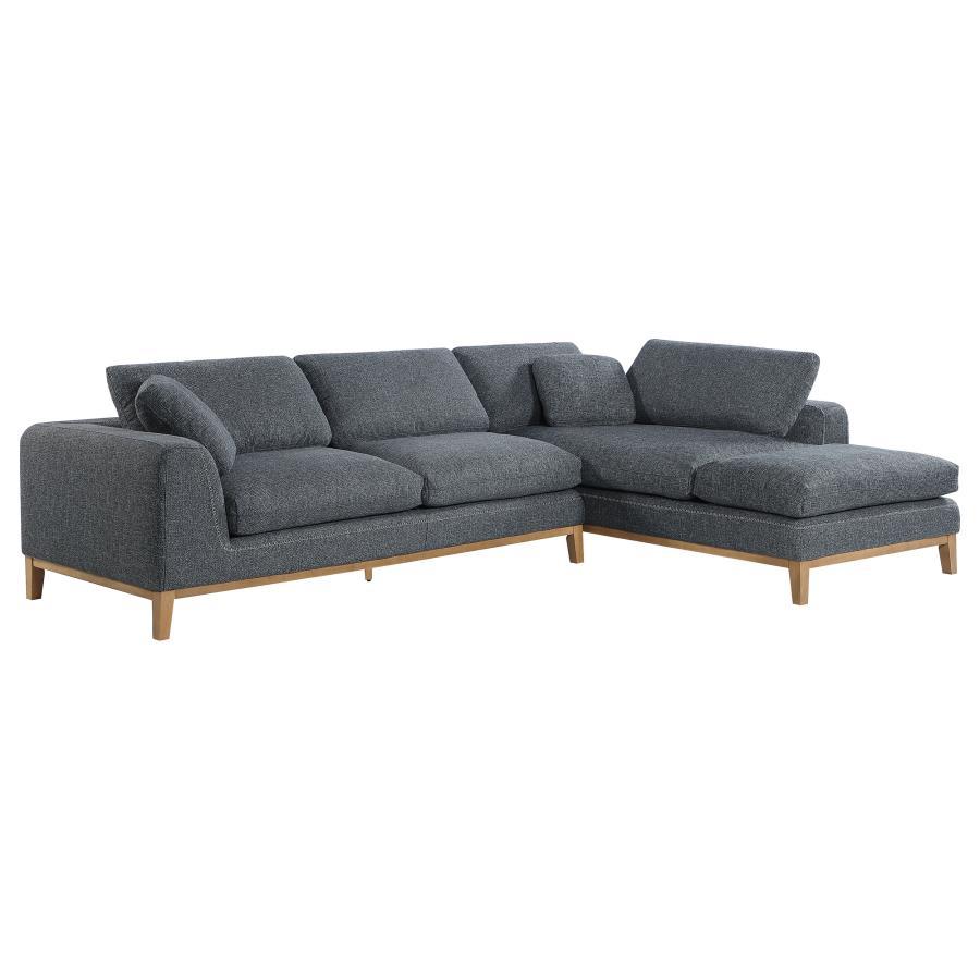 Add style to your space with this magnificent Mid-Century Modern sectional sofa. This low profile 2-piece sectional is exceptionally upholstered in a textured cool grey woven fabric accented with contrast blanket stitching in beige. Equally appealing is t