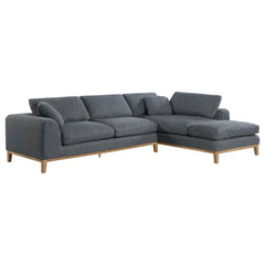 Add style to your space with this magnificent Mid-Century Modern sectional sofa. This low profile 2-piece sectional is exceptionally upholstered in a textured cool grey woven fabric accented with contrast blanket stitching in beige. Equally appealing is t